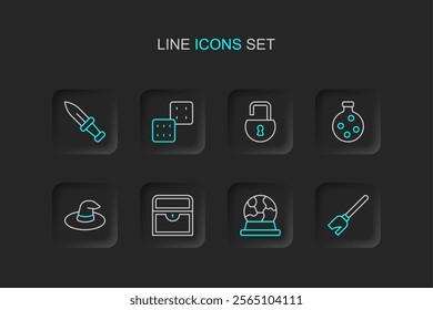 Set line Witches broom, Magic ball, Antique treasure chest, hat, Bottle with potion, Open padlock, Game dice and Dagger icon. Vector