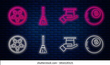 Set line Witches broom, Magician hat in hand, Pentagram in a circle and Magic ball of predictions. Glowing neon icon on brick wall. Vector