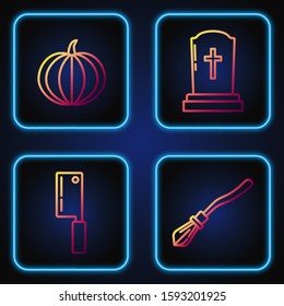 Set line Witches broom , Meat chopper , Pumpkin  and Tombstone with cross . Gradient color icons. Vector