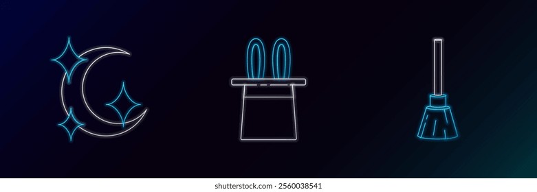 Set line Witches broom, Moon and stars and Magician hat rabbit ears icon. Glowing neon. Vector