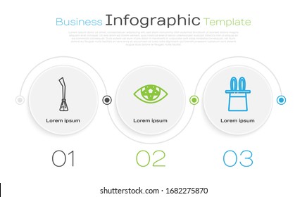 Set line Witches broom, Pentagram and Magician hat and rabbit ears. Business infographic template. Vector