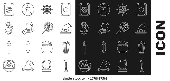 Set line Witches broom, Popcorn in box, hat, Spider web, Magic ball on hand, Bottle with love potion, Ancient magic book and wand icon. Vector
