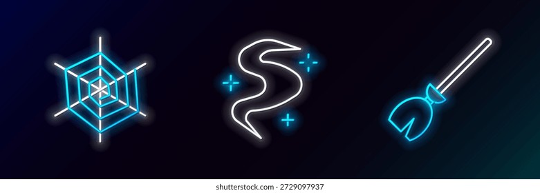 Set line Witches broom, Spider web and Magic fog or smoke icon. Glowing neon. Vector