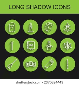 Set line Witches broom, Three tarot cards, Ghost, Hand saw, Magic wand, Ancient magic book, Spider web and Magician hat rabbit icon. Vector