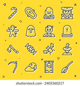 Set line Witches broom, Tombstone with RIP written, Ghost, Voodoo doll, Christmas candy cane and Zombie mask icon. Vector