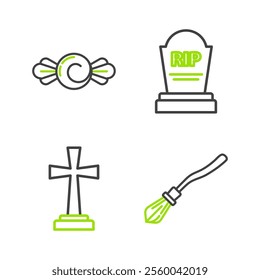 Set line Witches broom, Tombstone with cross, RIP and Candy icon. Vector