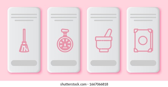 Set line Witches broom, Unicycle or one wheel bicycle, Magic mortar and pestle and Ancient magic book. White rectangle button. Vector