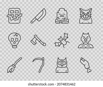 Set line Witches broom, Zombie finger, Tombstone with RIP written, Scythe, Chocolate bar, Wooden axe, Owl bird and Krampus, heck icon. Vector