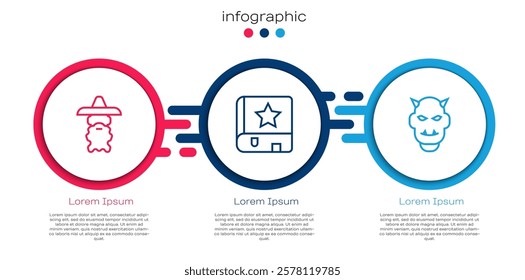 Set line Wizard warlock, Ancient magic book and Mask of the devil with horns. Business infographic template. Vector