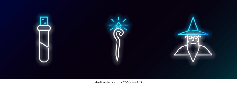 Set line Wizard warlock, Bottle with love potion and Magic staff icon. Glowing neon. Vector