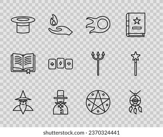 Set line Wizard warlock, Dream catcher with feathers, Fireball, Magician, hat, Playing cards, Pentagram circle and wand icon. Vector