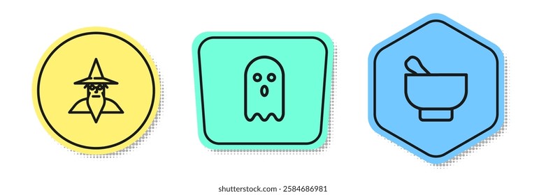 Set line Wizard warlock, Ghost and Magic mortar and pestle. Colored shapes. Vector