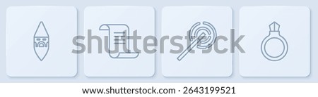 Set line Wizard warlock, Magic wand, Ancient magic book and stone ring with gem. White square button. Vector