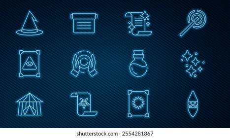 Set line Wizard warlock, Sparkle stars with magic, Ancient book, Magic ball on hand, Witch hat, Bottle potion and  icon. Vector