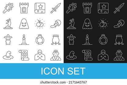 Set line Wizard warlock, Witch cauldron, Psilocybin mushroom, Ancient magic book, Ghost, Zombie hand, Magic mirror and Poison apple icon. Vector