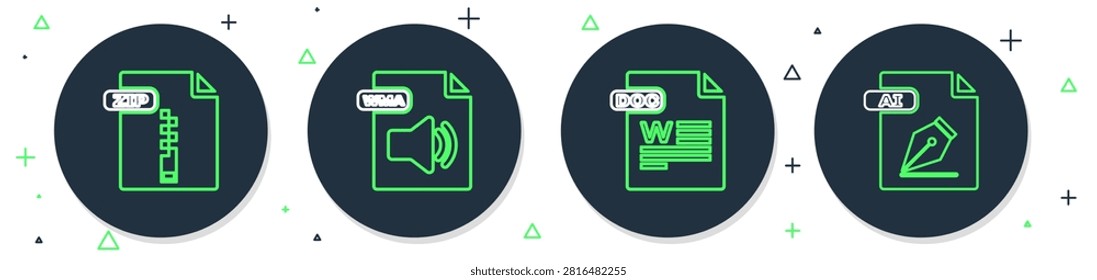 Set line WMA file document, DOC, ZIP and AI icon. Vector