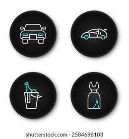 Set line Woman dress, Bottle of wine in bucket, Sport racing car and Car icon. Vector