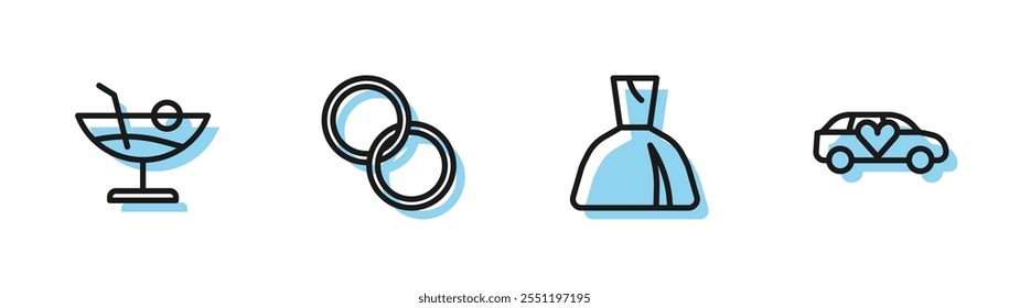 Set line Vestido de mujer, cóctel, anillos de bodas e icono de coche de limusina. Vector