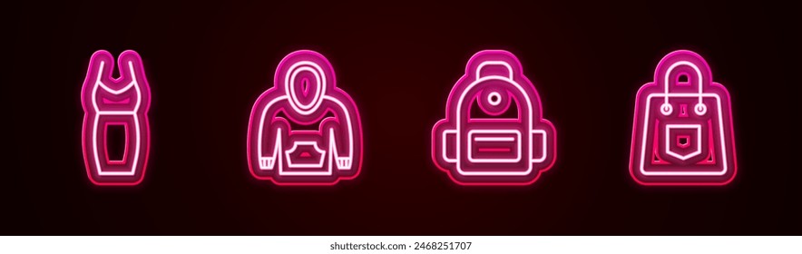 Set line Woman dress, Hoodie, School backpack and Handbag. Glowing neon icon. Vector