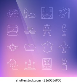 Set line Woman dress, Plane, Wine glass, Notre Dame, Macaron cookie, Kepi, Bicycle and Easel or painting art boards icon. Vector
