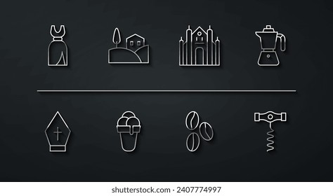 Set line Woman dress, Pope hat, Coffee moca pot, beans, Ice cream, Village landscape, Wine corkscrew and Milan Cathedral icon. Vector