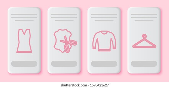 Set line Woman dress, Scissors and leather, Sweater and Hanger wardrobe. White rectangle button. Vector