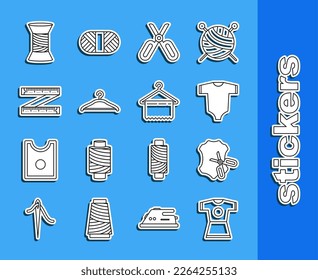 Set line Woman dress, Scissors and leather, Baby clothes, Hanger wardrobe, Tape measure, Sewing thread on spool and  icon. Vector