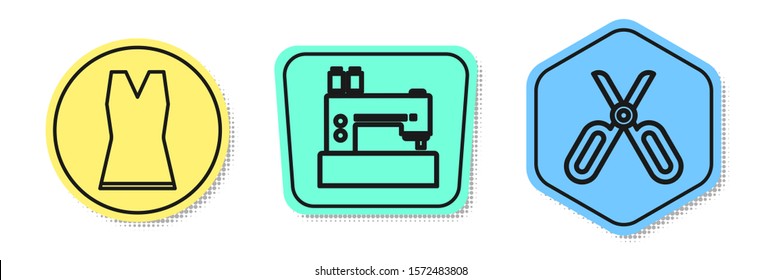 Set line Woman dress, Sewing machine and Scissors. Colored shapes. Vector