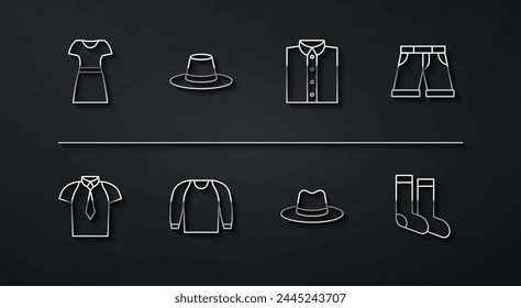 Set line Woman dress, Shirt, Short or pants, Man hat, Sweater, Socks and  icon. Vector