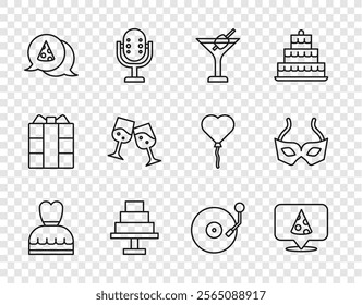 Set line Woman dress, Slice of pizza, Martini glass, Cake, Glass champagne, Vinyl player with disk and Festive mask icon. Vector