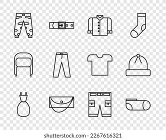 Set line Woman dress, Sport socks, T-shirt, Clutch bag, Camouflage cargo pants, Pants, Short and Winter hat icon. Vector