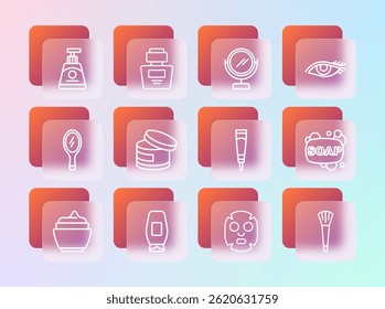 Set line Woman eye, Bottle of shampoo, Cream or lotion cosmetic tube, Facial mask, Round makeup mirror,  and Perfume icon. Vector