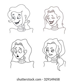 Set of line woman faces with different emotions.