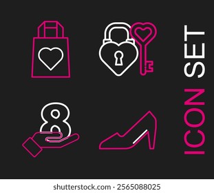 Set line Woman shoe, 8 March on hand, Castle key in heart shape and Shopping bag with icon. Vector