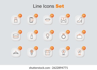 Set line Woman shoe, 8 March, Gift box and heart, International Women Day, Hanger wardrobe, Handbag, Diamond engagement ring and Female gender symbol icon. Vector
