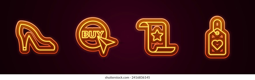 Set line Woman shoe, Buy button, Paper check and financial check and Heart tag. Glowing neon icon. Vector
