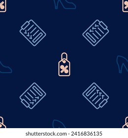 Set line Woman shoe, Clipboard with checklist and Discount percent tag on seamless pattern. Vector