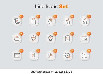 Set line Woman shoe, Clock and percent discount, Paper shopping bag, check financial check, Market store, Wallet, Clipboard with checklist and Discount tag icon. Vector