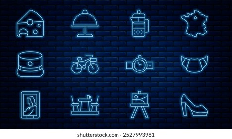 Set line Woman shoe, Croissant, French press, Bicycle, Kepi, Cheese, Wrist watch and Covered with tray icon. Vector