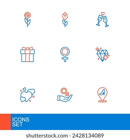 Set line Woman shoe, Female gender symbol, Heart, Diamond, Gift box and heart, Glass of champagne and Flower tulip icon. Vector