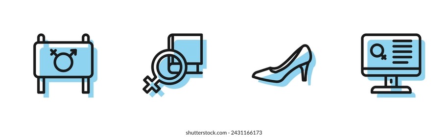 Set line Woman shoe, Feminist activist, Book about women and Dating app icon. Vector
