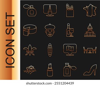 Set line Woman shoe, French cafe, Museum building, baguette bread, mime, Cheese, Perfume and Wine bottle with glass icon. Vector