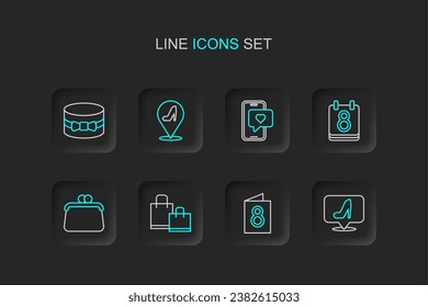 Set line Woman shoe, Greeting card with 8 March, Paper shopping bag, Handbag, Calendar, Mobile heart,  and Gift box icon. Vector