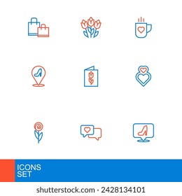 Set line Woman shoe, Heart in speech bubble, Flower, Greeting card with 8 March, Coffee cup and heart and tulip icon. Vector
