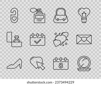 Set line Woman shoe, Makeup powder with mirror, Handbag, Heart cursor click, Please do not disturb heart, Calendar 8 March,  and Envelope icon. Vector