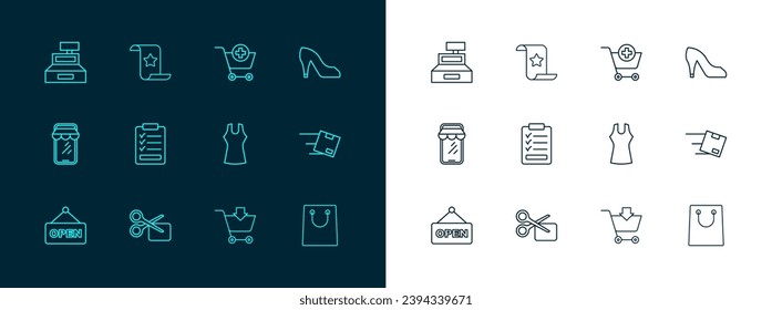 Set line Woman shoe, Scissors cuts discount coupon, dress, Add to Shopping cart, Clipboard with checklist, Cash register machine and Paper and financial icon. Vector