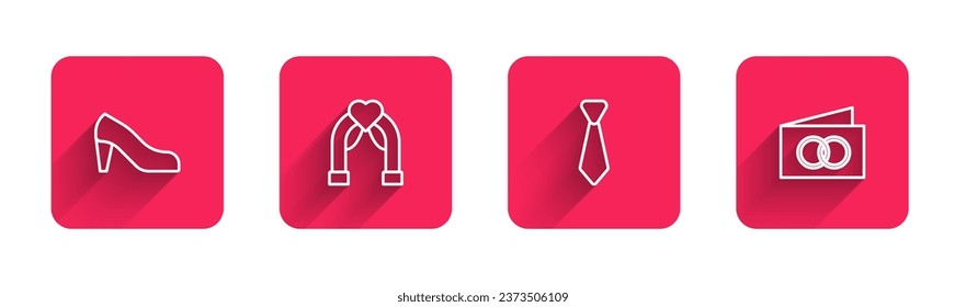 Set line Woman shoe, Wedding arch, Tie and Greeting card with long shadow. Red square button. Vector