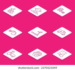 Set line Woman in wheelchair, Deaf, Disabled car, Hearing aid, Treadmill machine, Emergency, Hospital bed and  icon. Vector