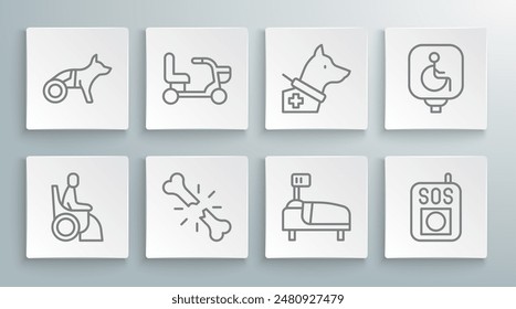 Set line Mujer en silla de ruedas, Eléctrico, Hueso roto humano, Cama de hospital, Prensa del Botón SOS, Perro guía, Discapacitado y Perro ícono. Vector