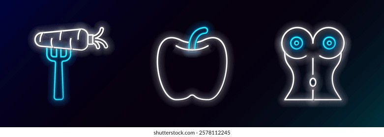 Set line Women waist, Carrot on fork and Apple icon. Glowing neon. Vector